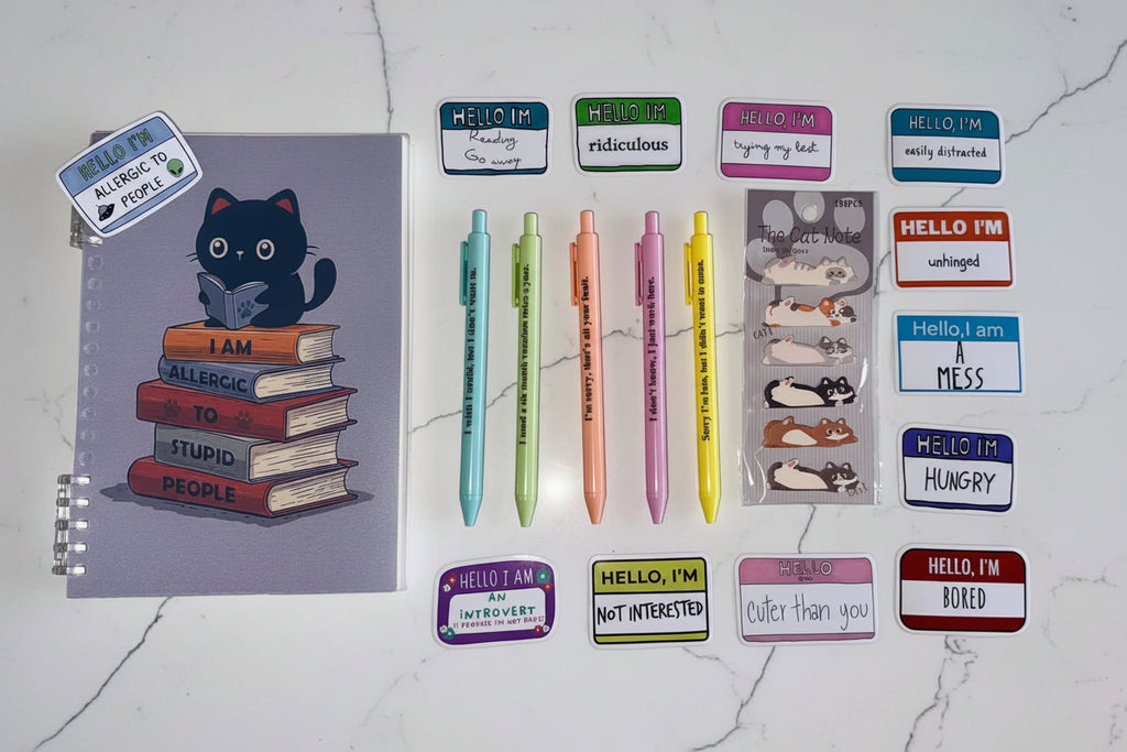 Sass & Cats Stationery Bundle – Funny Notebook, Pens & Sticker Set