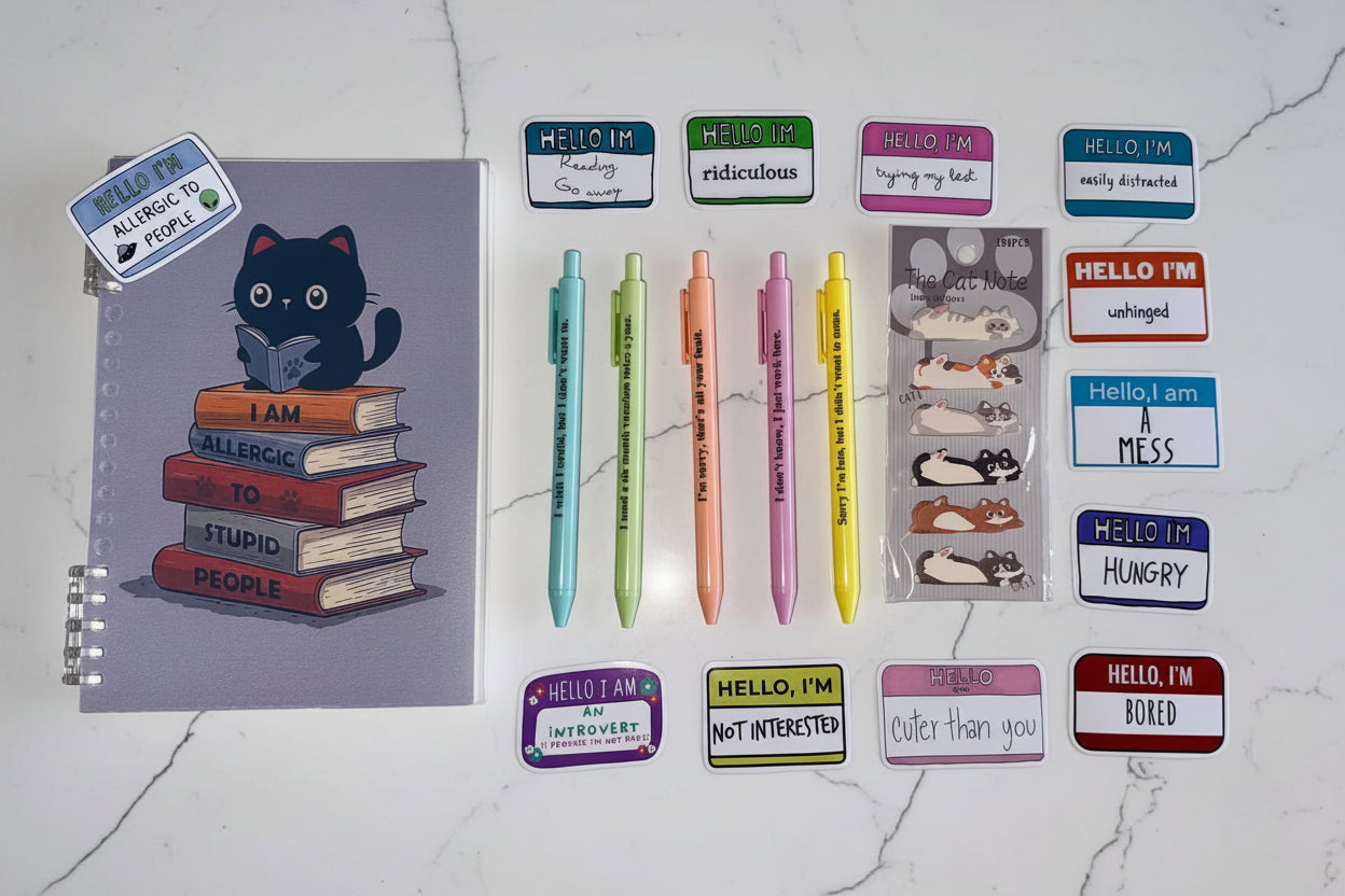 Sass & Cats Stationery Bundle – Funny Notebook, Pens & Sticker Set