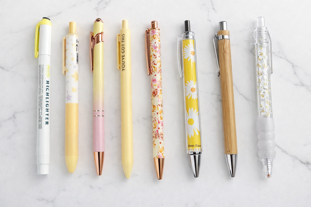 Yellow Pen Set – Daisy & Rose Gold Aesthetic Stationery NZ